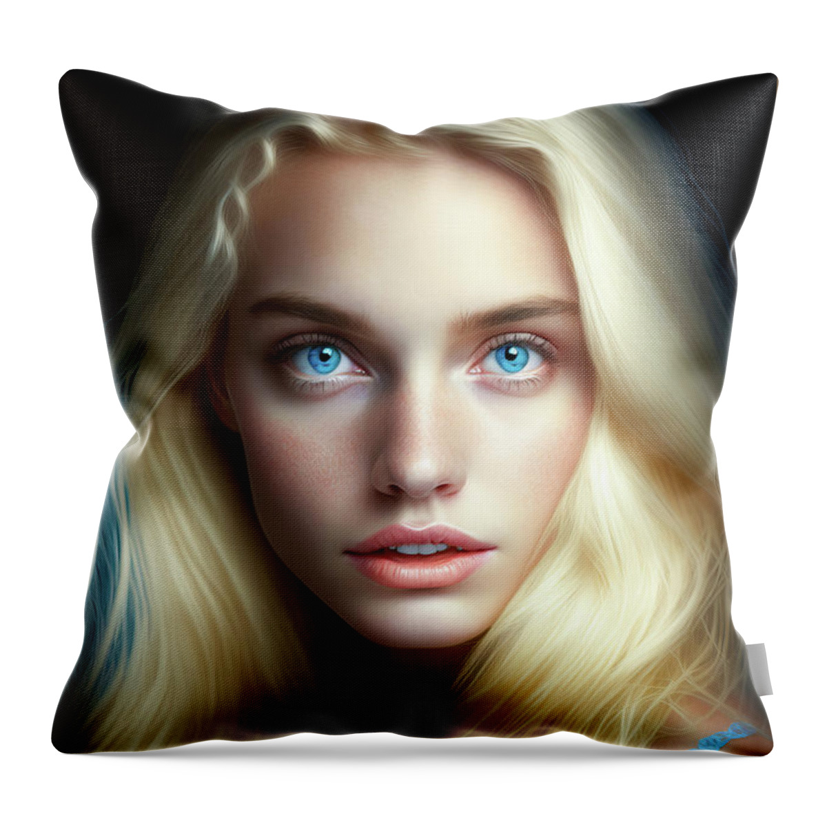 Woman Throw Pillow featuring the digital art Woman Portrait 25 Blonde Hair Blue Eyes by Matthias Hauser