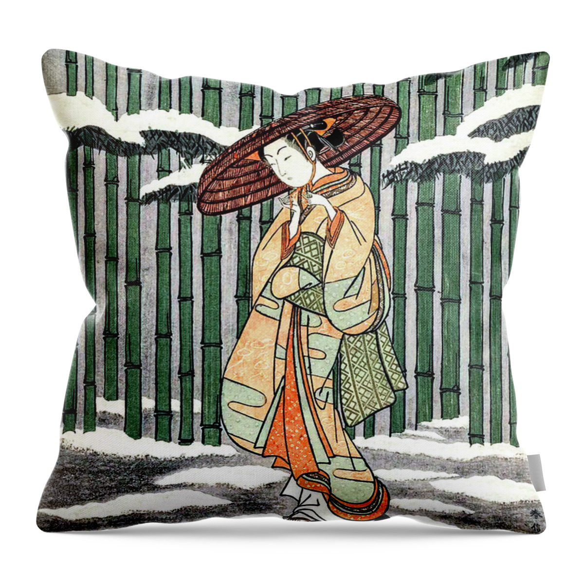 Japan Throw Pillow featuring the digital art Woman Walk In Front of the Bamboo Fence by Long Shot
