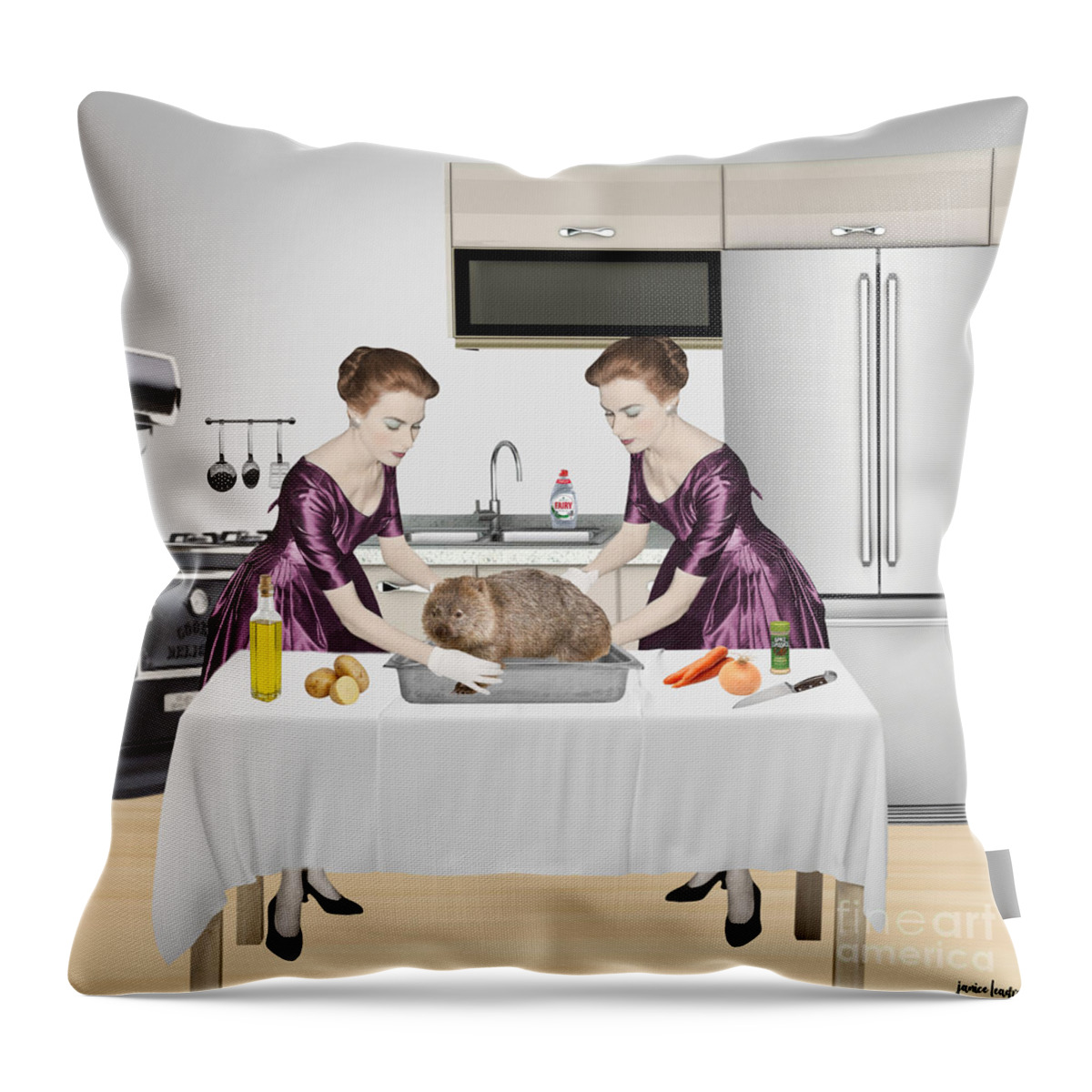 Digital Illustration Throw Pillow featuring the digital art Wombat Sisters by Janice Leagra