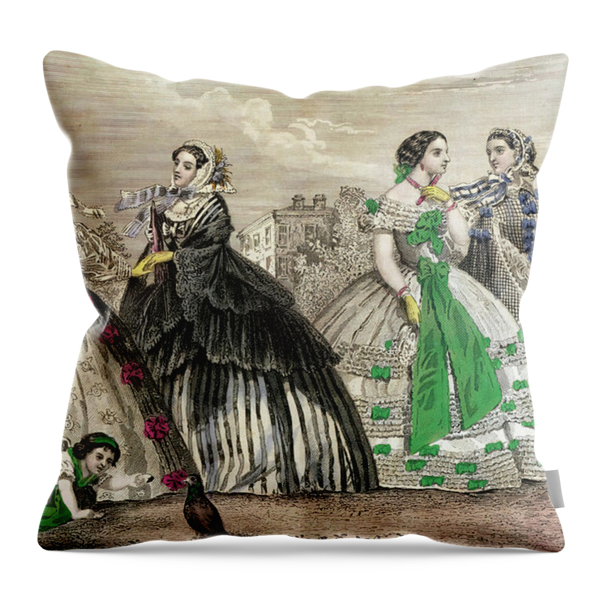 1861 Throw Pillow featuring the photograph Women at a ball wearing Victorian era dresses #aYearForArt by Steve Estvanik
