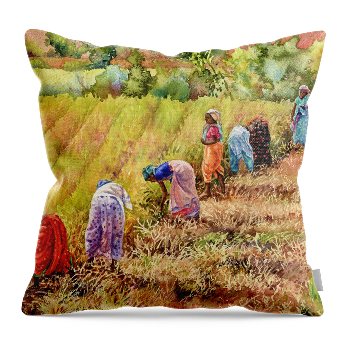 India Painting Throw Pillow featuring the painting Women at Work by Anne Gifford