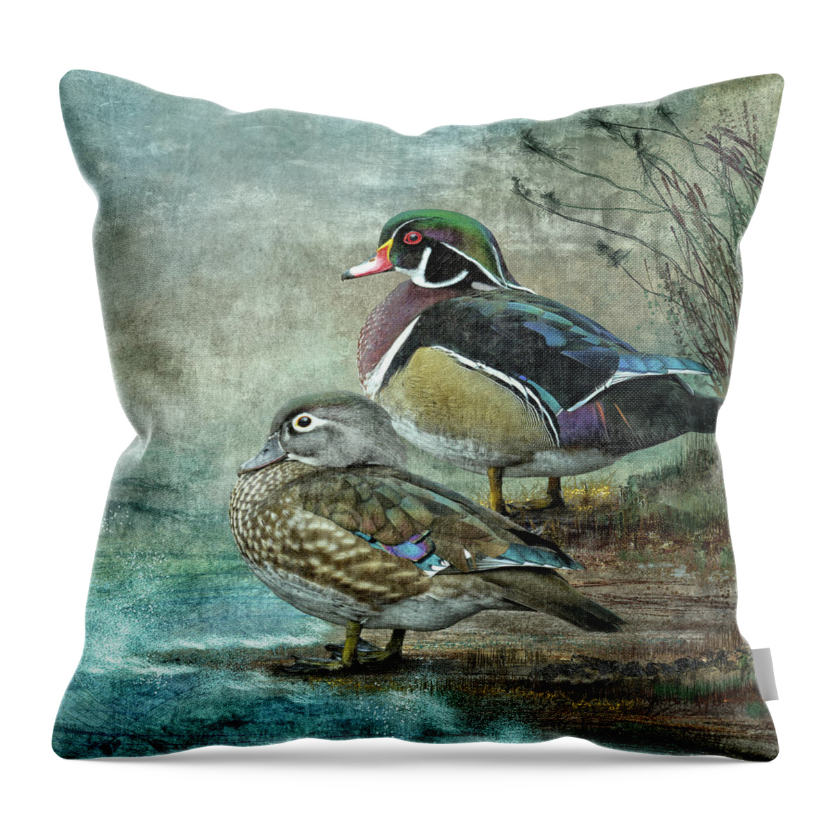 Bird Throw Pillow featuring the digital art Wood Ducks by Merrilee Soberg