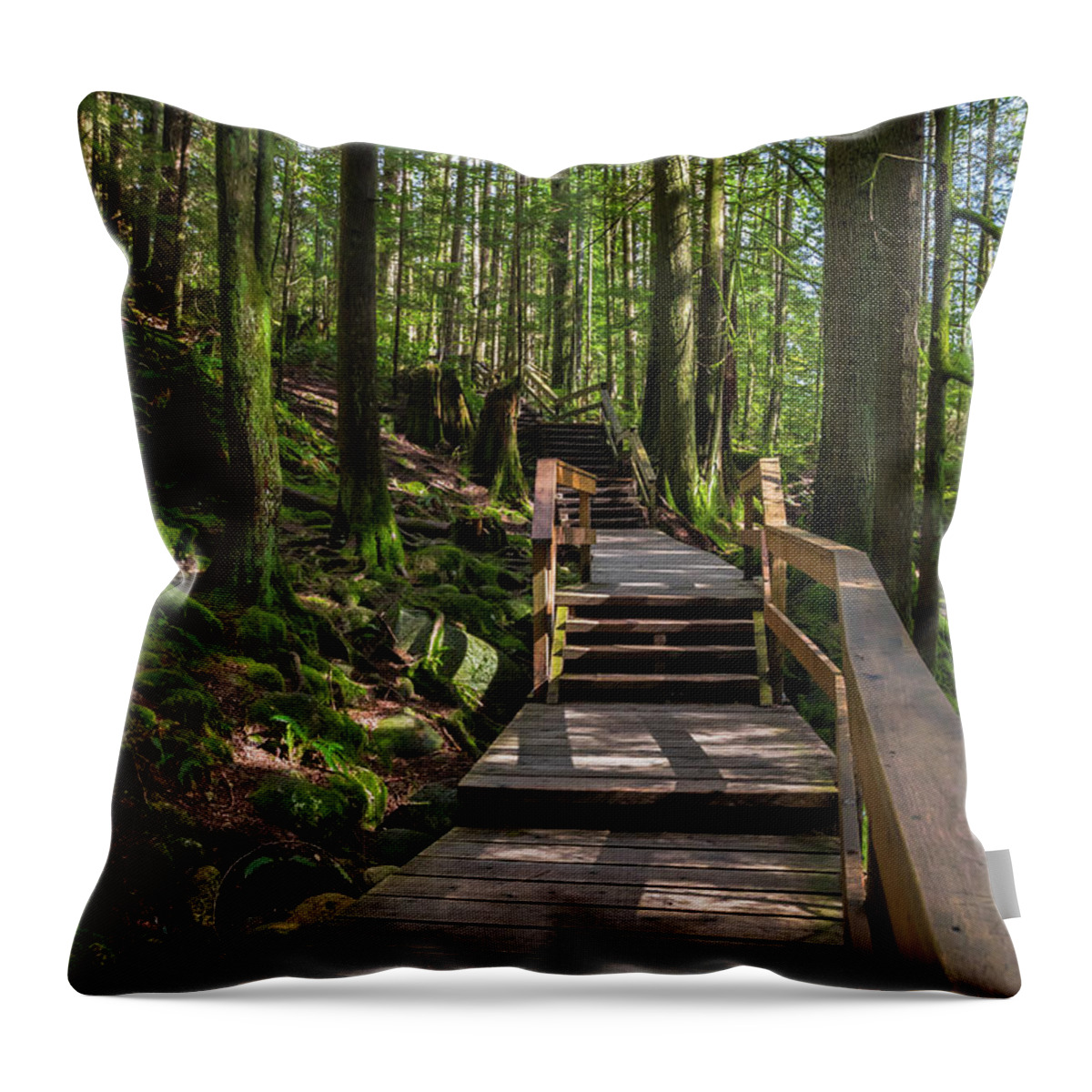 Alex Lyubar Throw Pillow featuring the photograph Wooden Staircase on a Hiking Trail by Alex Lyubar