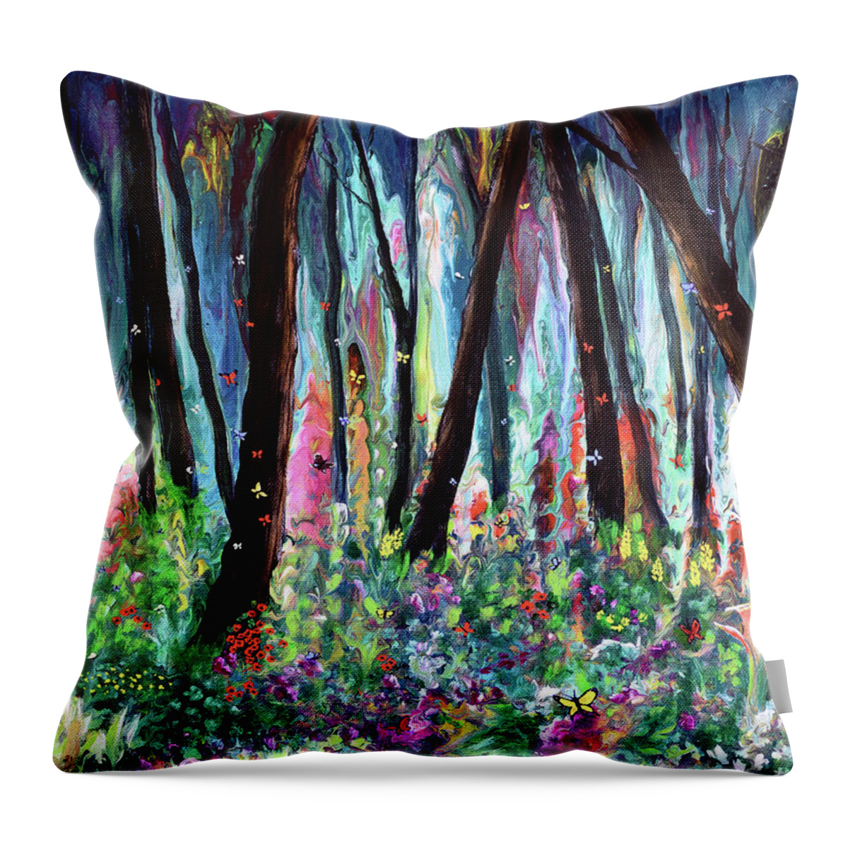 Woods Throw Pillow featuring the painting Woodland Wildflowers and Butterflies by Laura Iverson