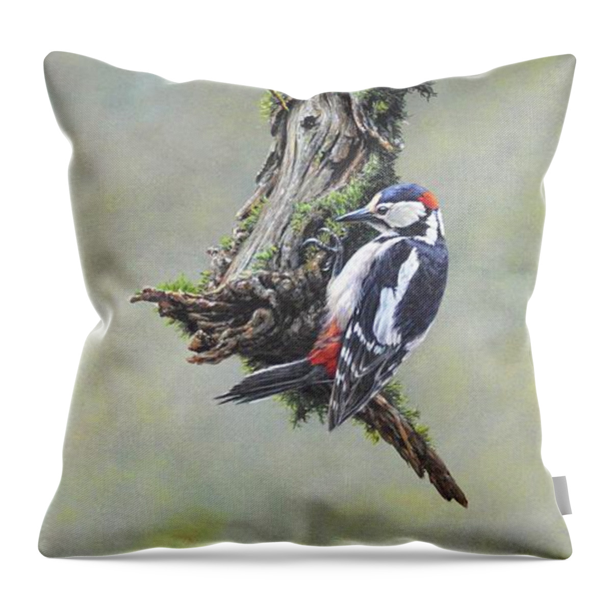 Woodpecker Throw Pillow featuring the painting Woodpecker on branch by Alan M Hunt