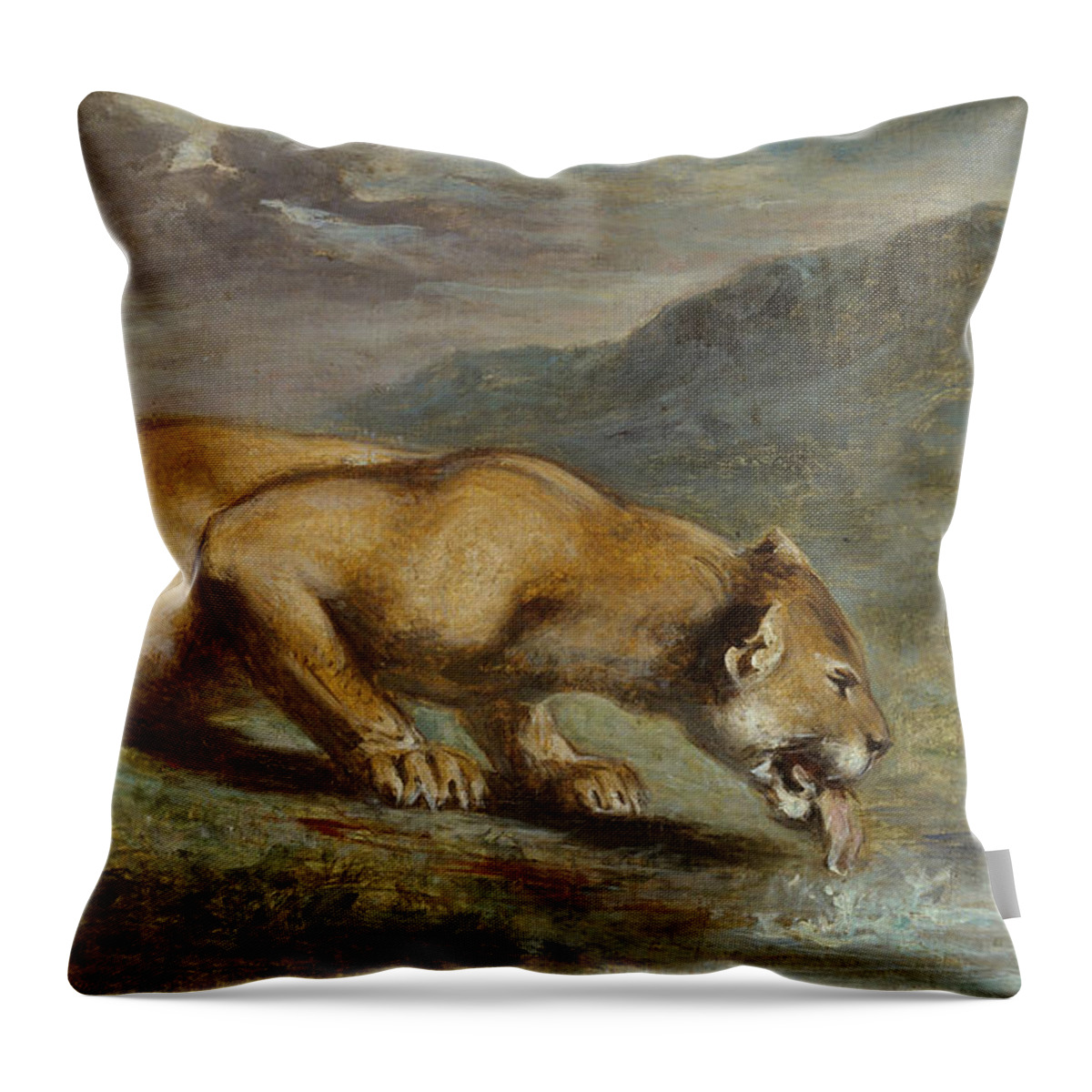 19th Century Art Throw Pillow featuring the painting Wounded Lioness by Pierre Andrieu