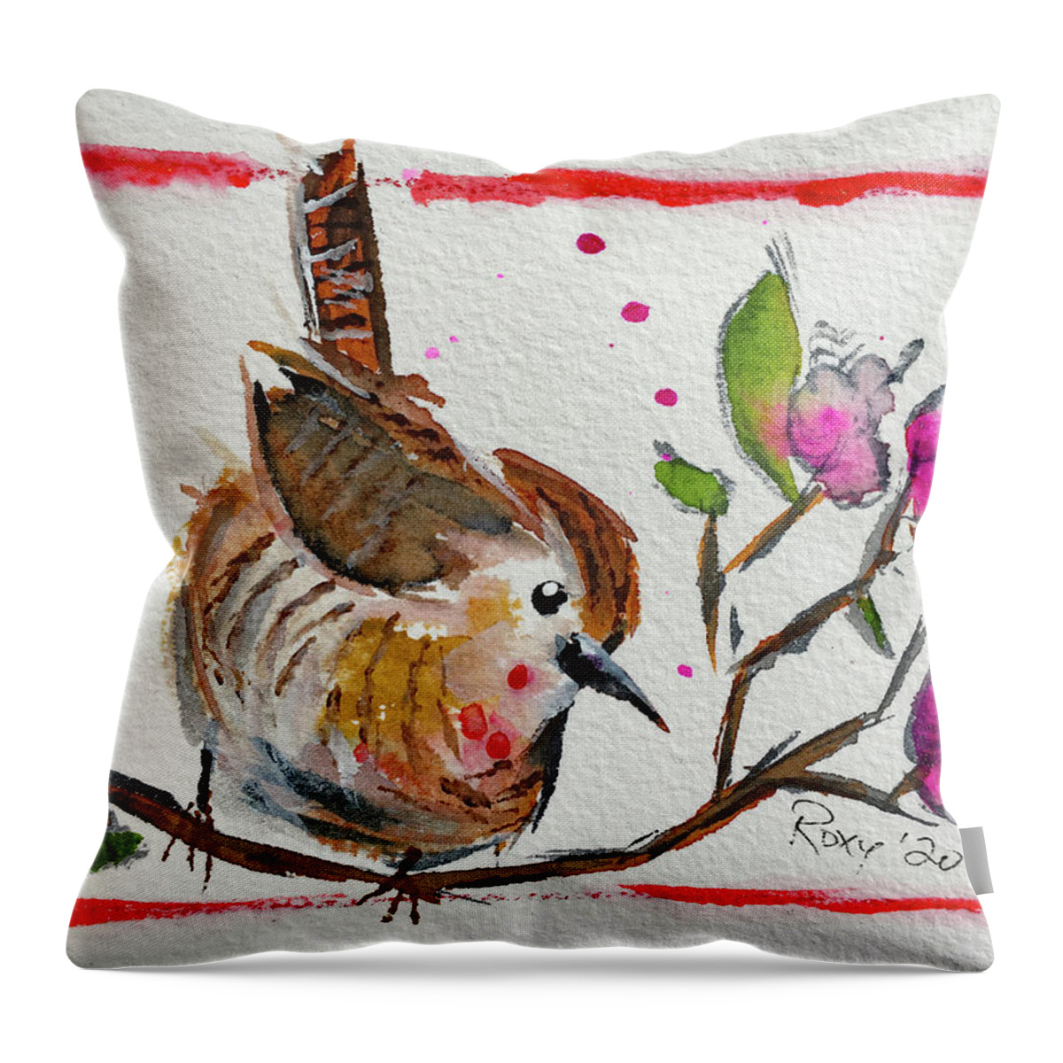 Wren Bird Throw Pillow featuring the painting Wren in a Cherry Blossom Tree by Roxy Rich