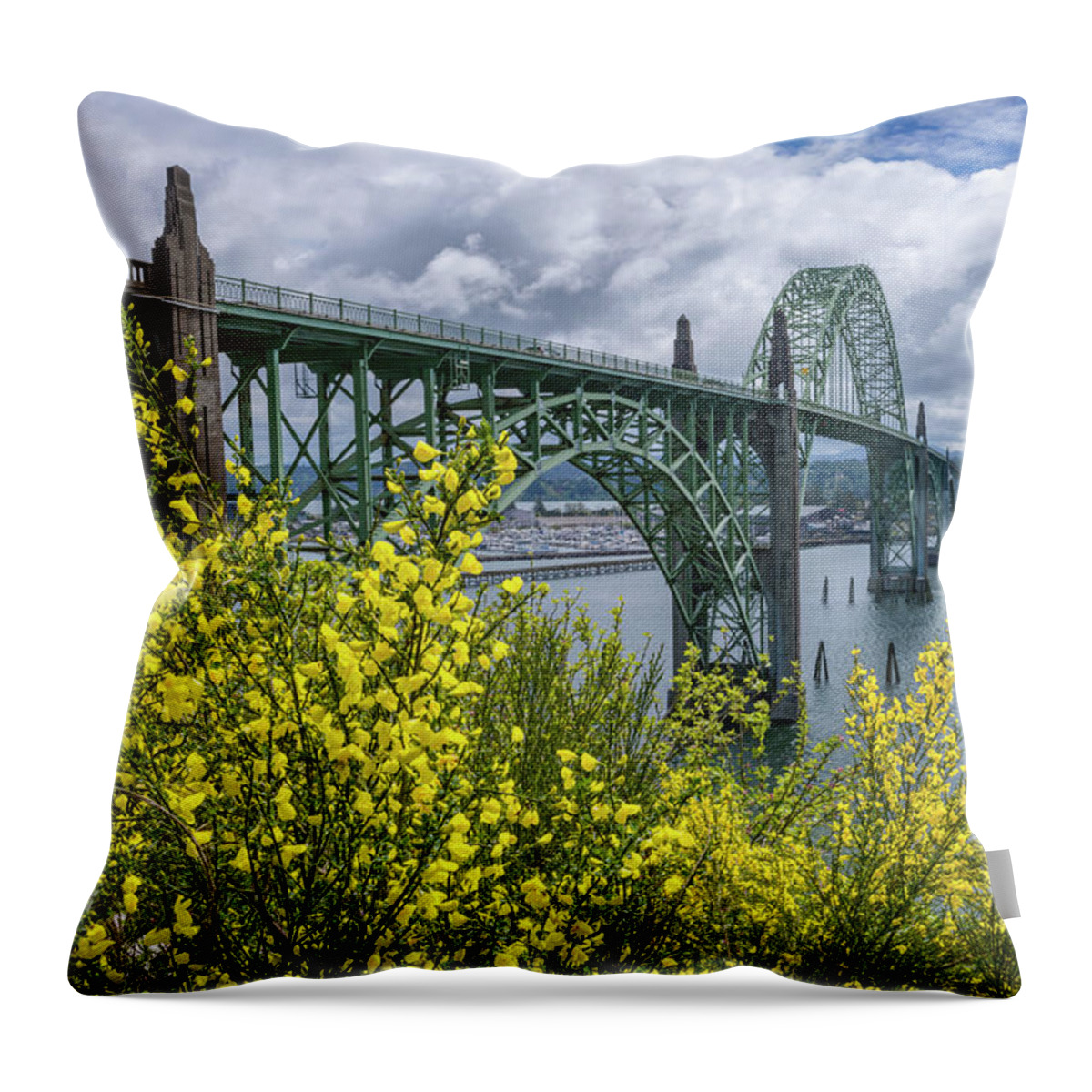 Newport Throw Pillow featuring the photograph Yaquina Bay Bridge Scotch Broom Blooms by Darren White