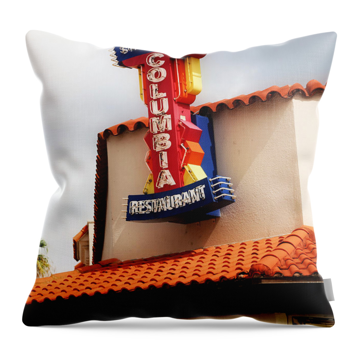 Columbia Restaurant Throw Pillow featuring the photograph Ybor City Restaurant Sign by Carol Groenen