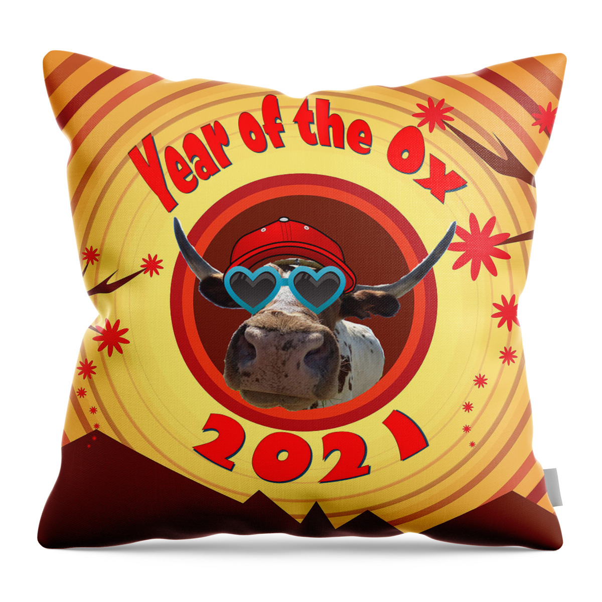 Ox Throw Pillow featuring the digital art Year of the Ox with Red Hat and Heart Shaped Sunglasses by Ali Baucom