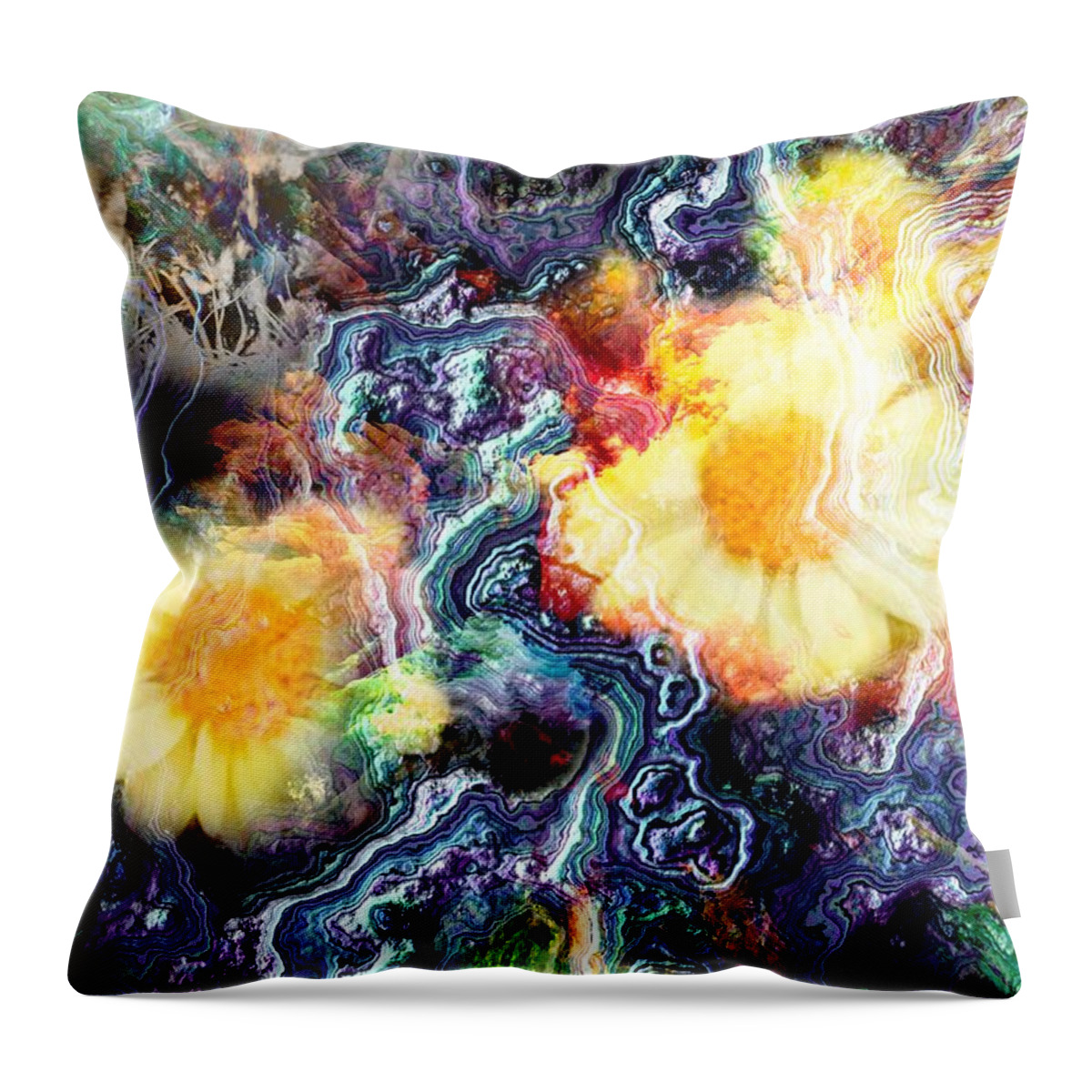 Cat Flowers Yellow Colorful Background Abstract Throw Pillow featuring the digital art Yellow Flowers and My Cat Abstract by Kathleen Boyles