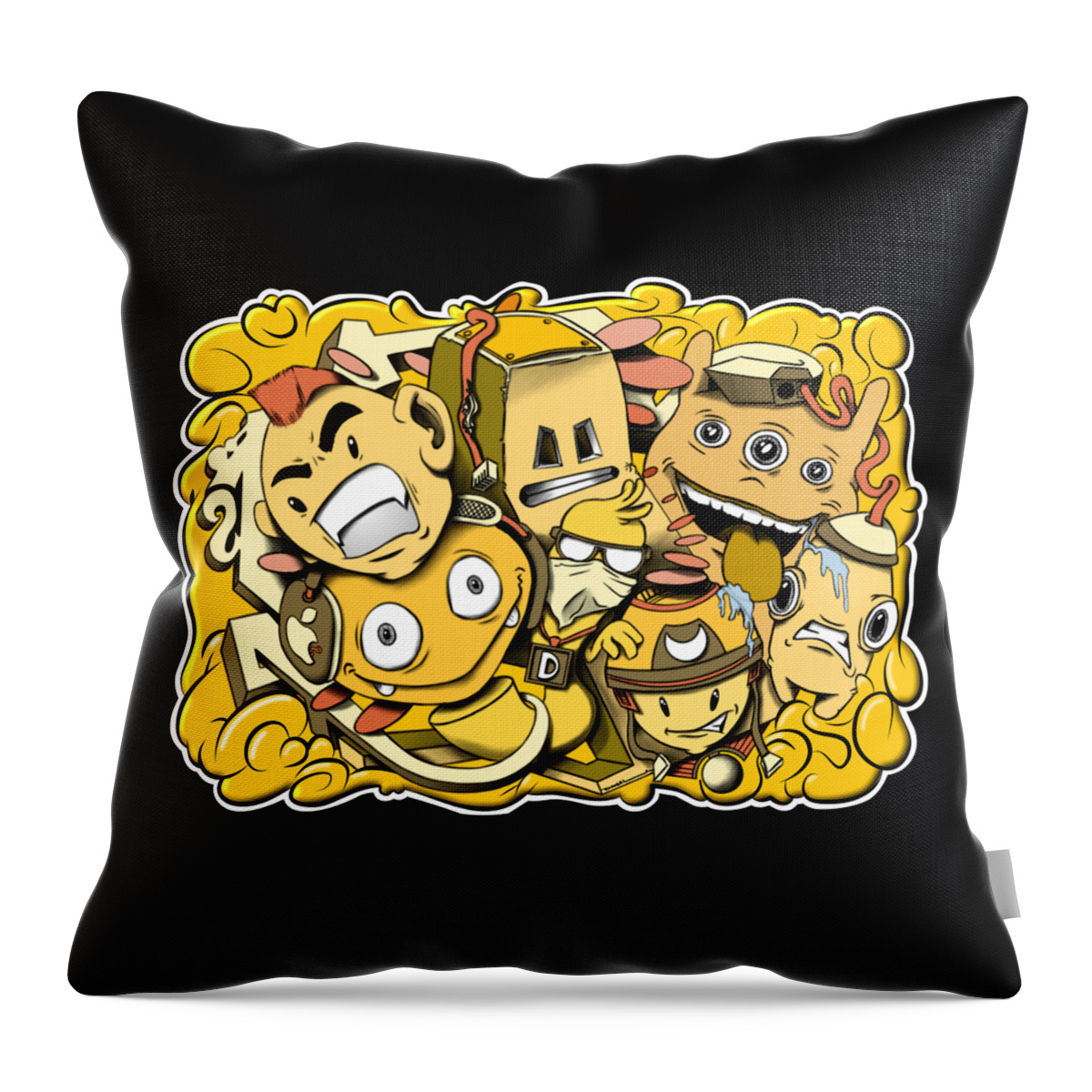 Copic Throw Pillow featuring the digital art Yellow graffiti cartoon characters by Donald Lawrence