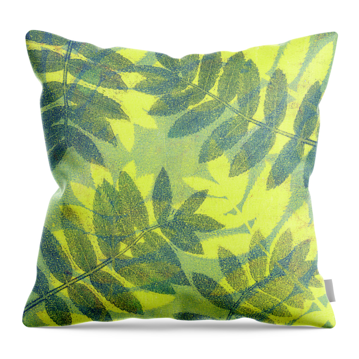 Plant Print Throw Pillow featuring the mixed media Yellow Green Blue by Kristine Anderson