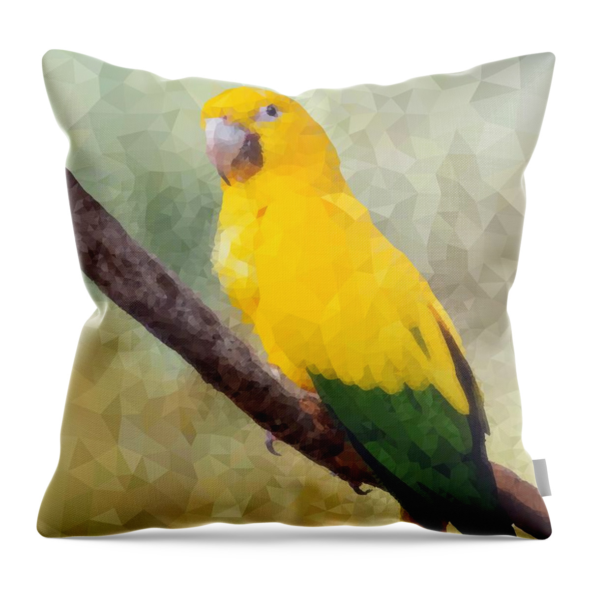 Bird Throw Pillow featuring the mixed media Yellow Green Parrot Bird 84 by Lucie Dumas