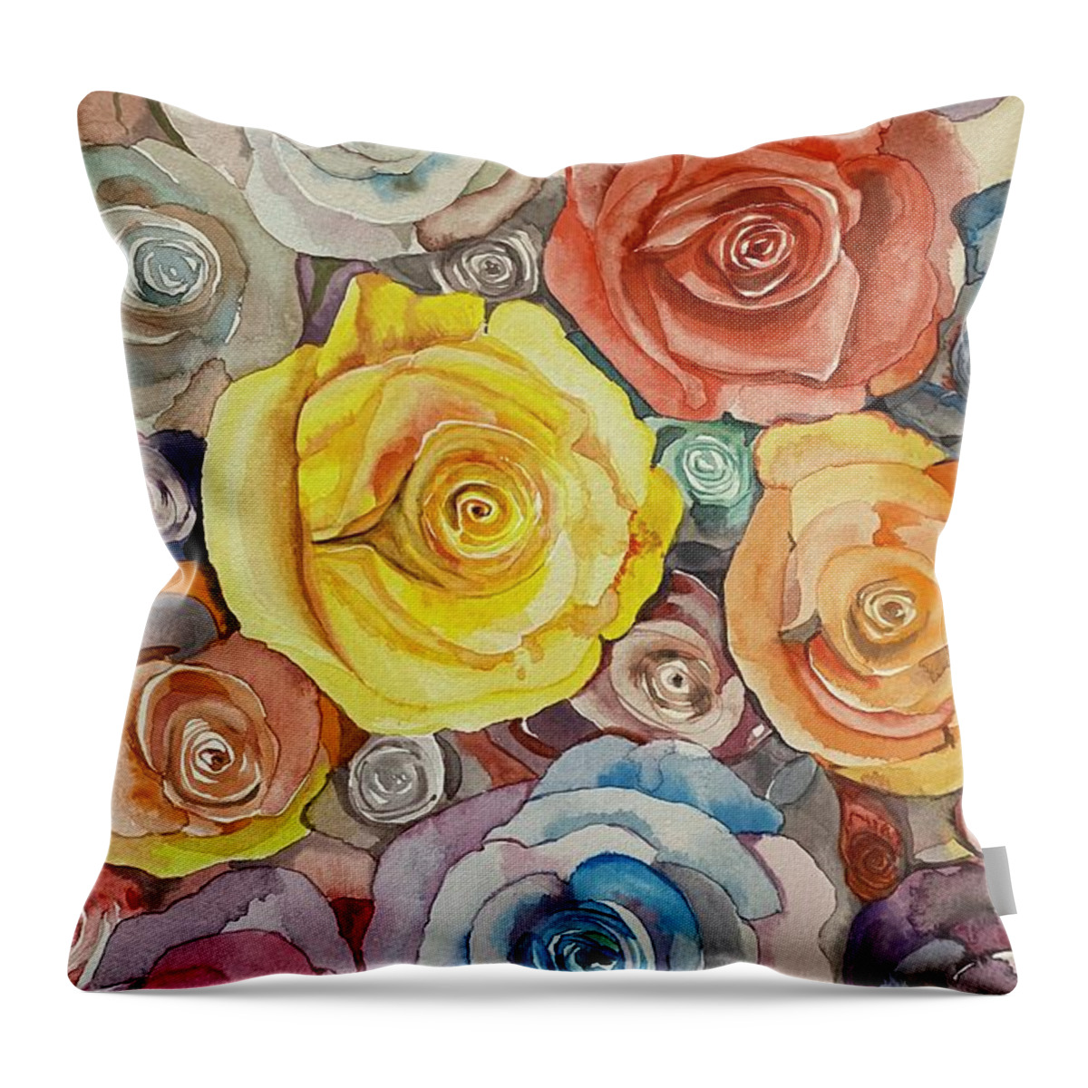 Yellow Throw Pillow featuring the painting Yellow rose by Myungja Anna Koh