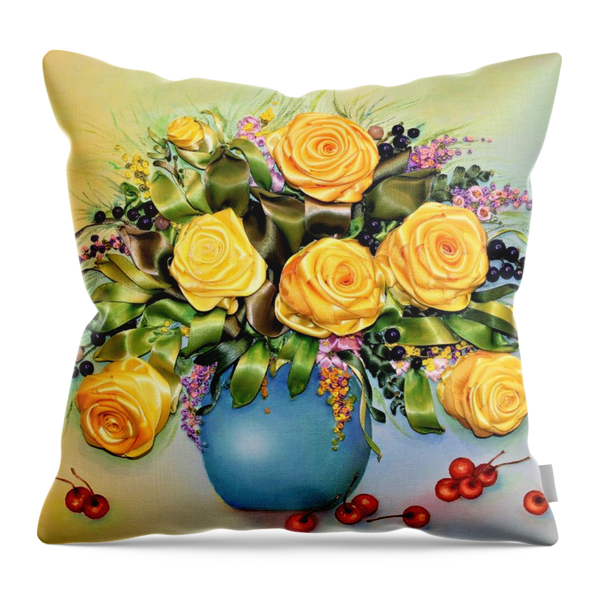 Wall Art Flowers Art Yellow Roses Red Berry Red Cherries Art Yellow Flowers Wall Décor Mixed Media Oil Painting & Ribbon Embroidery On Canvas Throw Pillow featuring the mixed media Yellow Roses by Tanya Harr