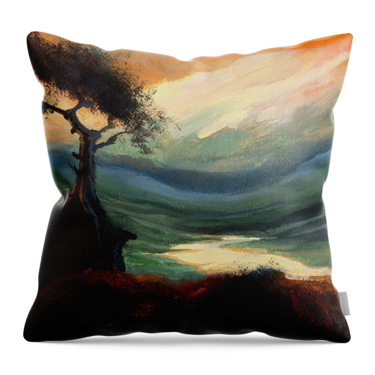 #creativity #art&mindfulness #socialresponsibility #artforworkers #mindfulness Throw Pillow featuring the painting Yellow Sunset Hills by Veronica Huacuja
