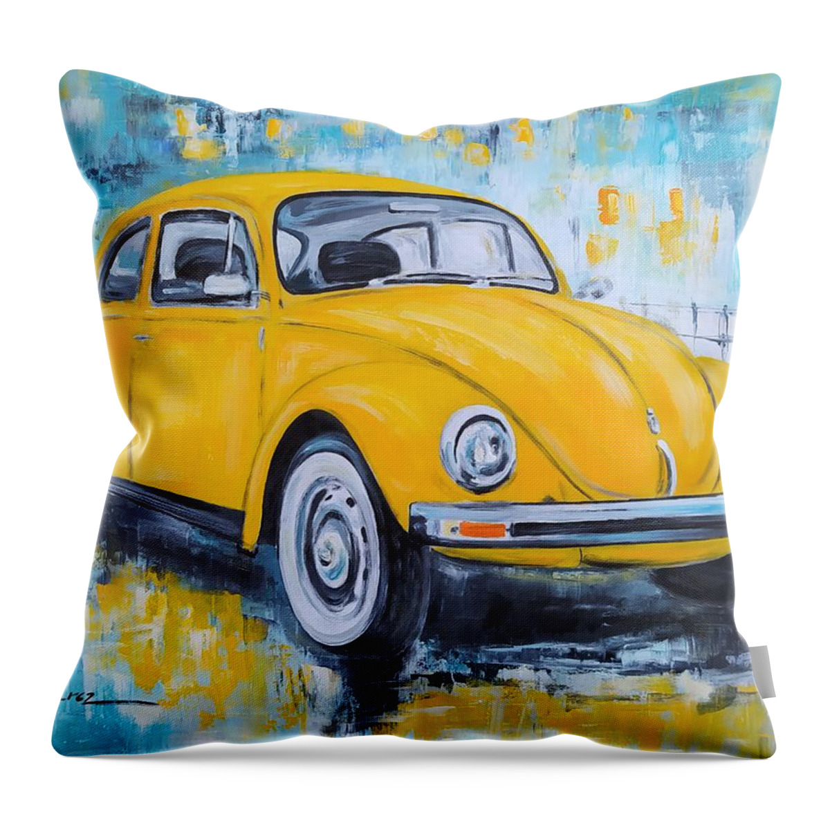 Volkswagen Throw Pillow featuring the painting Yellow VW Beetle by Luke Karcz