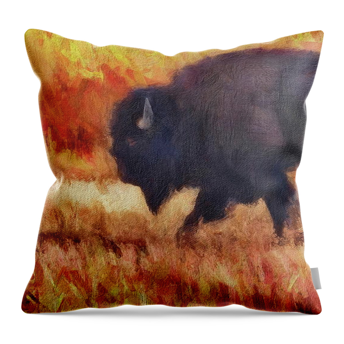 Buffalo Throw Pillow featuring the digital art Yellowstone Bison - Prehistoric by Russ Harris