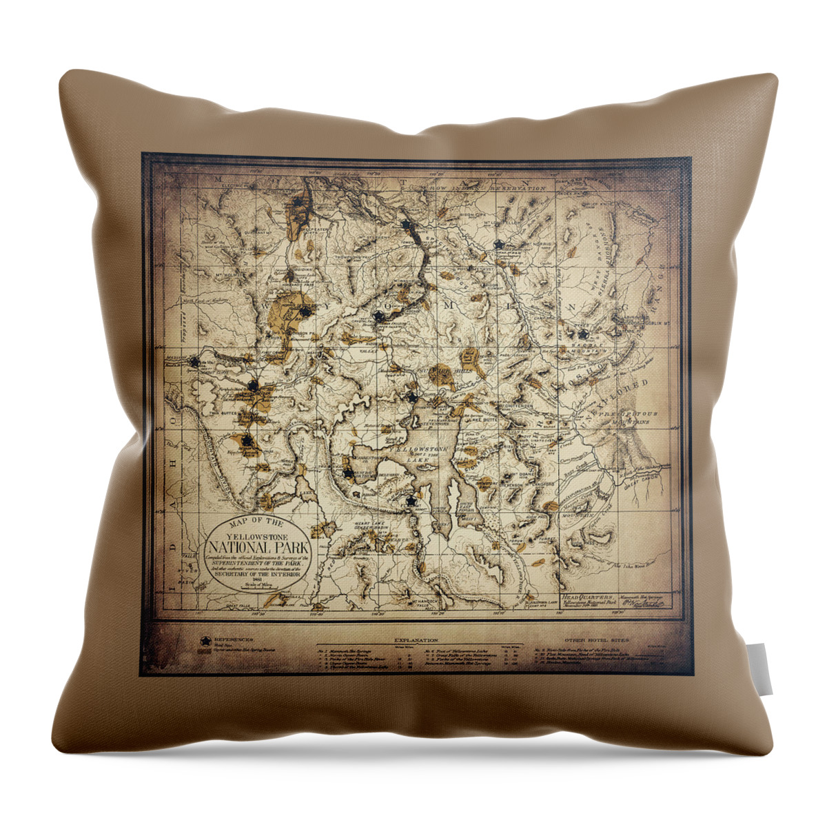 Yellowstone Throw Pillow featuring the photograph Yellowstone National Park Vintage Map 1881 Sepia by Carol Japp