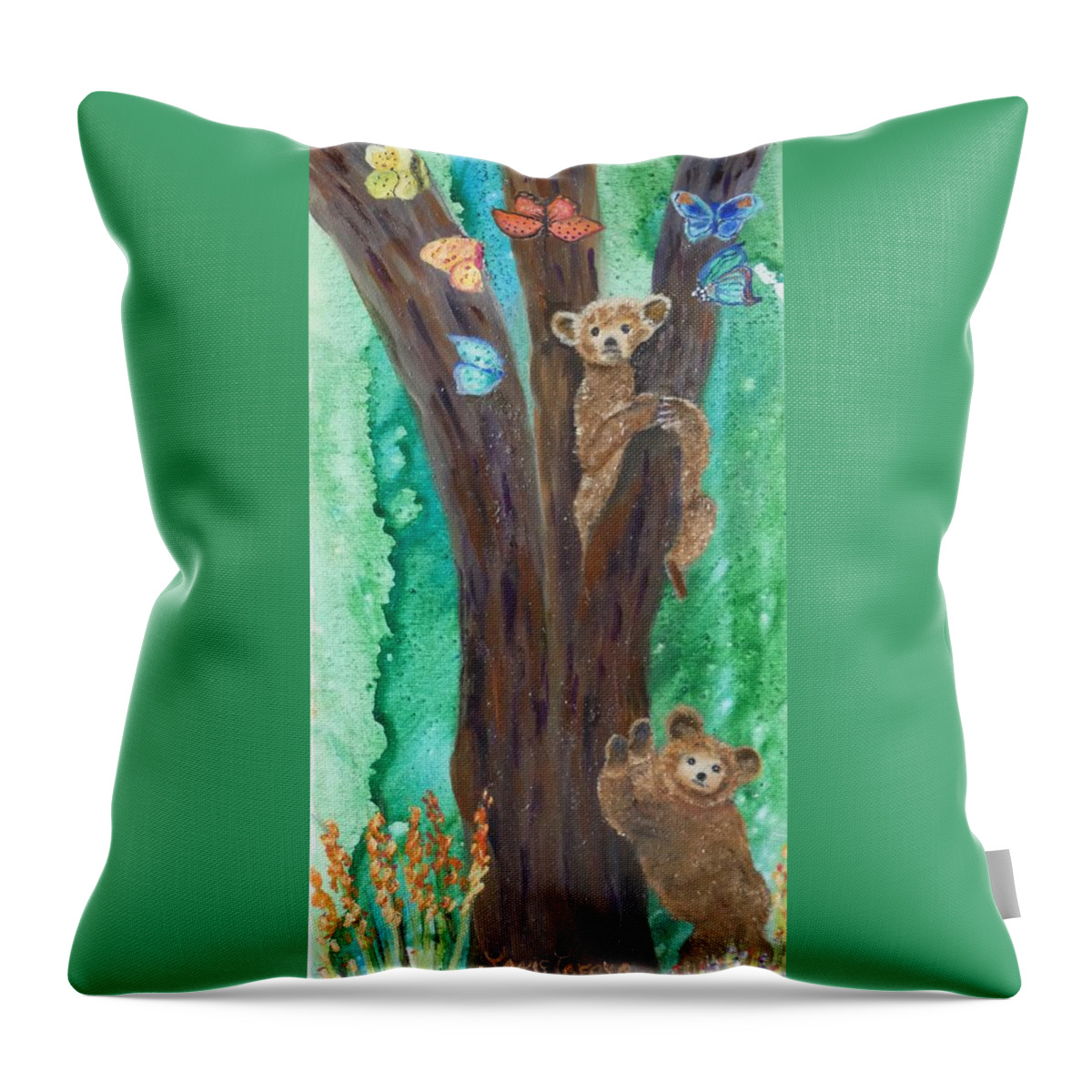 Bears Yoga Forest Tree Artwork Flowers Butterflies Original Landscape Fantasy Throw Pillow featuring the painting Yoga Bears in Colorado Forest by Janis Tafoya