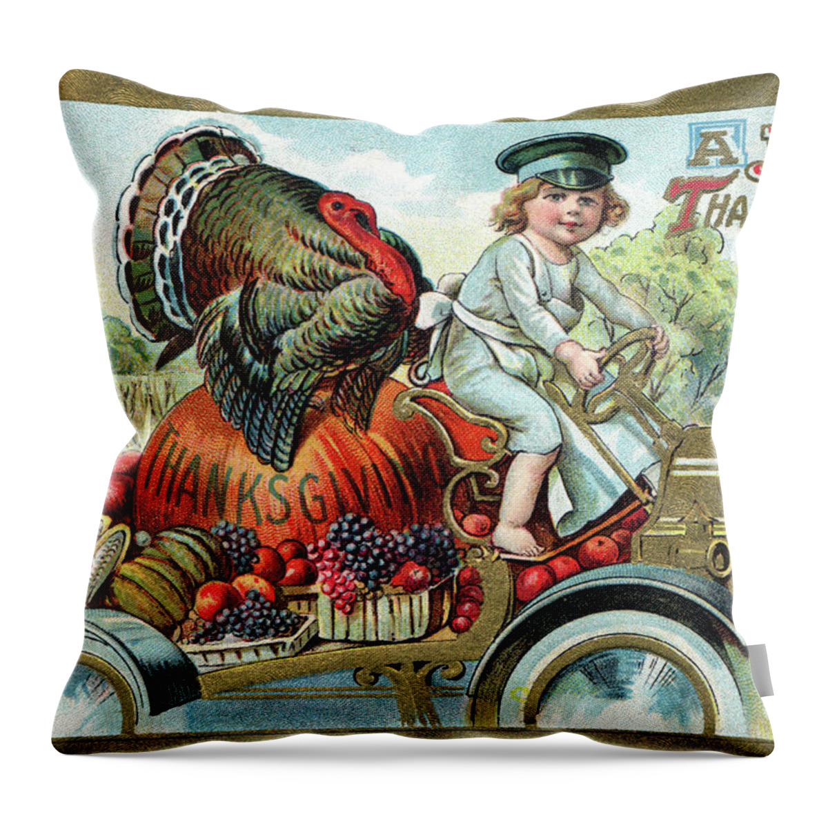 Thanksgiving Throw Pillow featuring the digital art Young girl in a white apron driving a Thanksgiving delivery truck by Pete Klinger