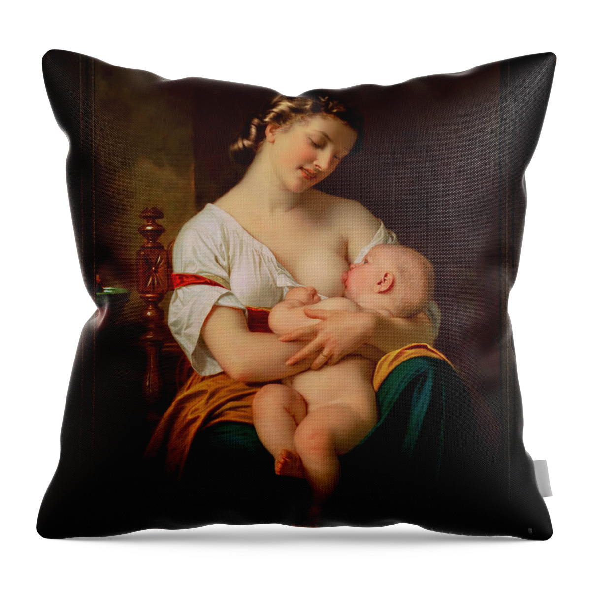 Young Mother Nursing Her Baby Throw Pillow featuring the painting Young Mother Nursing Her Baby by Hugues Merle Remastered Xzendor7 Fine Art Old Masters Reproductions by Rolando Burbon