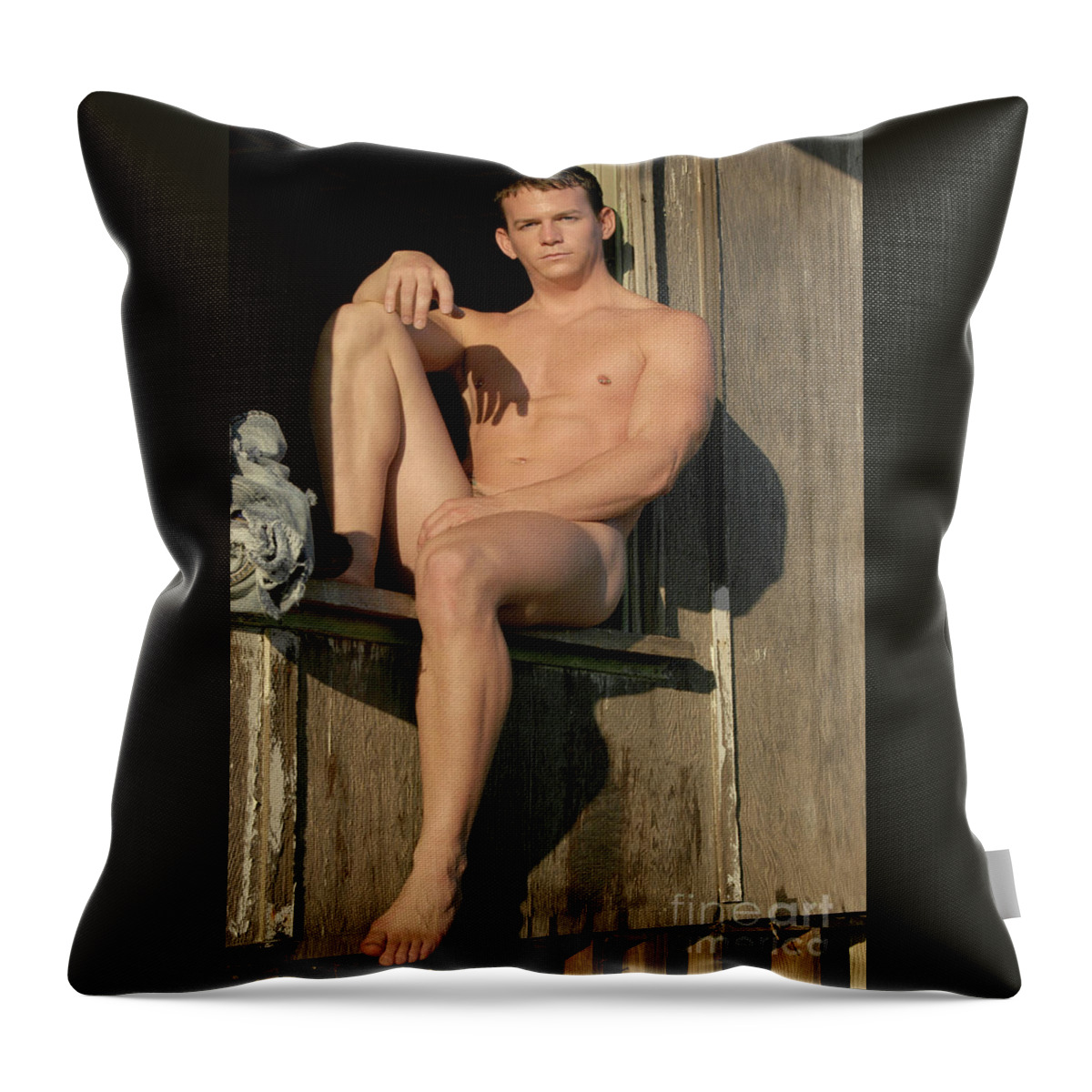 Young Throw Pillow featuring the photograph Young nude male poses in barn window. by Gunther Allen