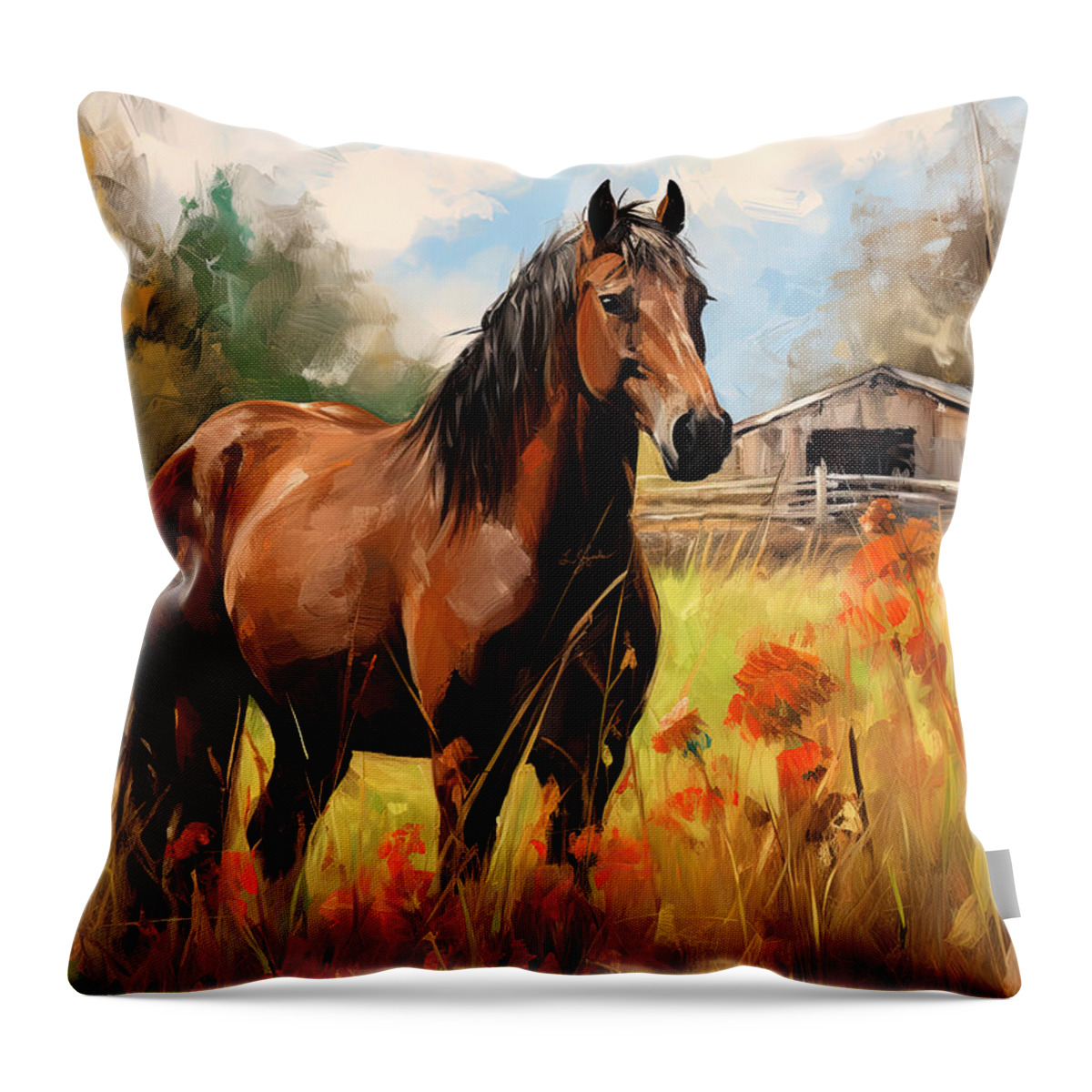 Barn Horse Throw Pillow featuring the painting Yuma- Stunning Horse in Autumn by Lourry Legarde