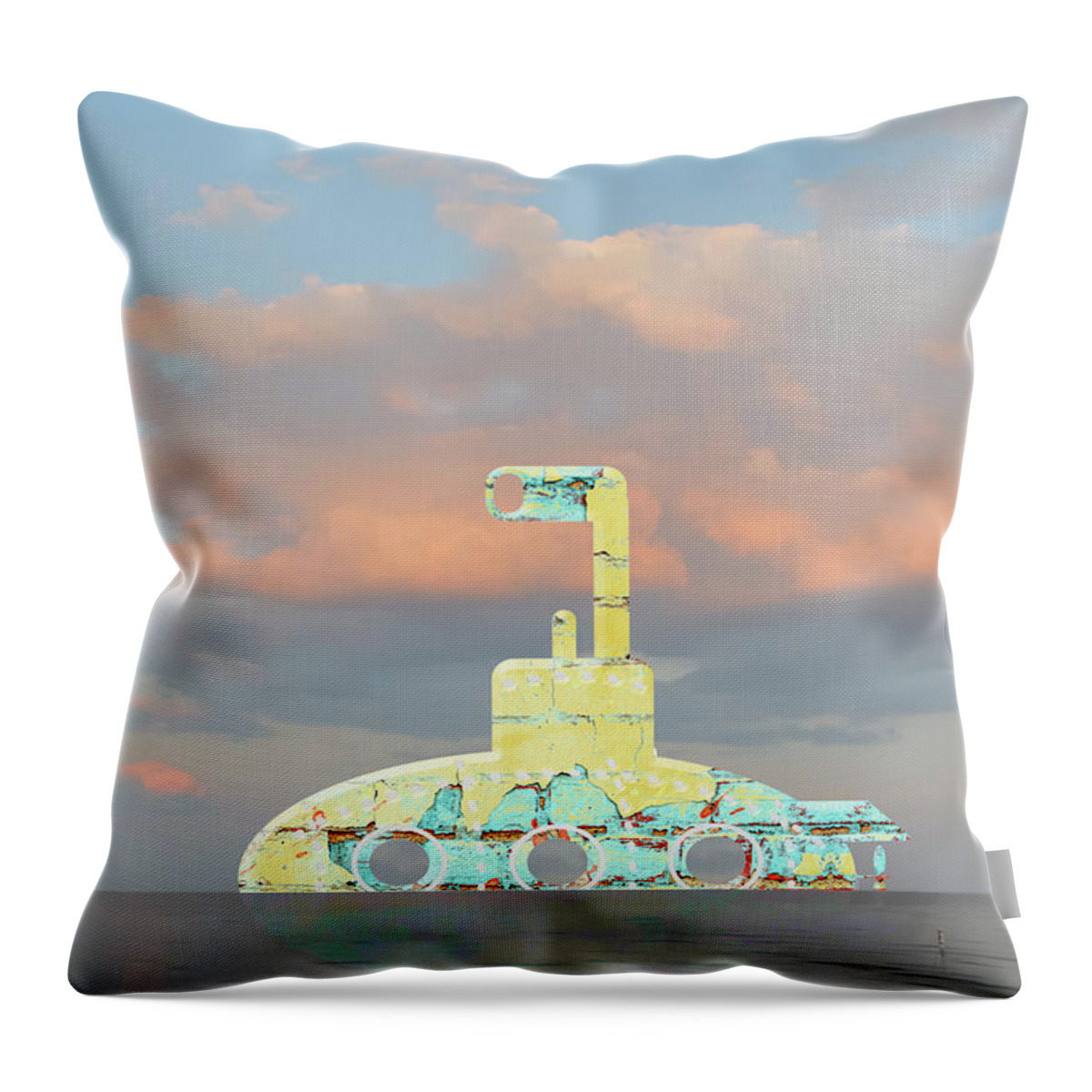Yellow Throw Pillow featuring the digital art Zany Yellow Submarine at Sunset by Marianne Campolongo