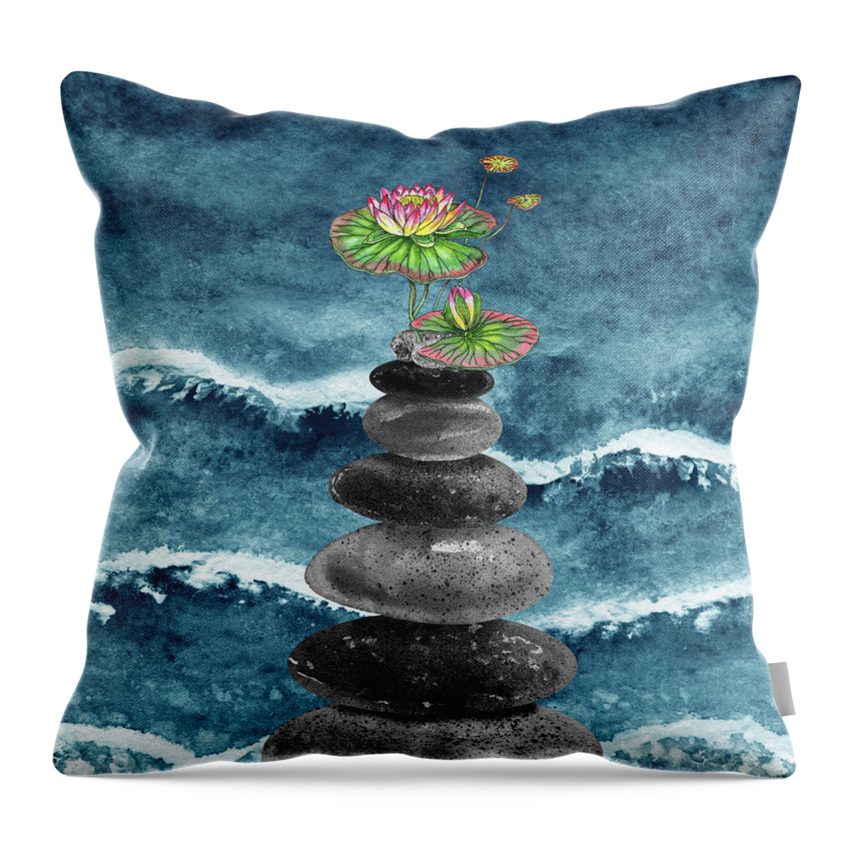 Zen Rocks Throw Pillow featuring the painting Zen Rocks Cairn Meditative Tower And Lotus Flower Watercolor by Irina Sztukowski