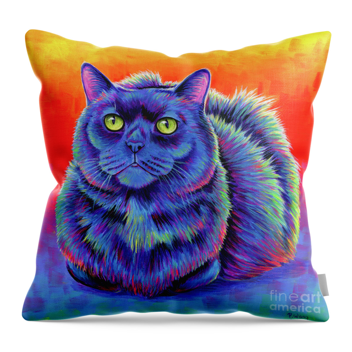 Cat Throw Pillow featuring the painting Zowie the Fiery Black Cat by Rebecca Wang