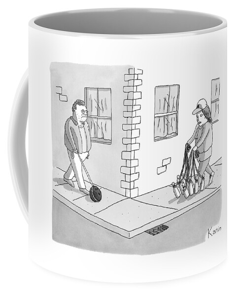 A Man With A Bowling Ball On A Leash And A Woman Coffee Mug