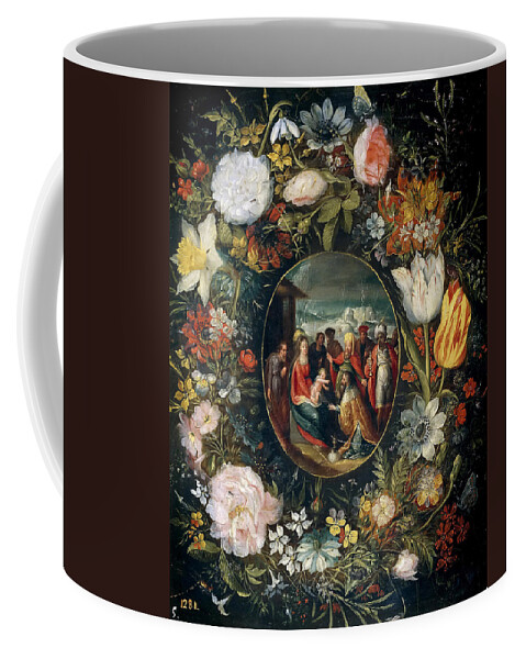 Pieter Brueghel The Younger Coffee Mug featuring the painting Flower garland with Adoration of the Magi by Pieter Brueghel the Younger