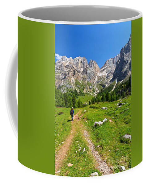 Hiker Coffee Mug featuring the photograph hiking in Contrin Valley by Antonio Scarpi