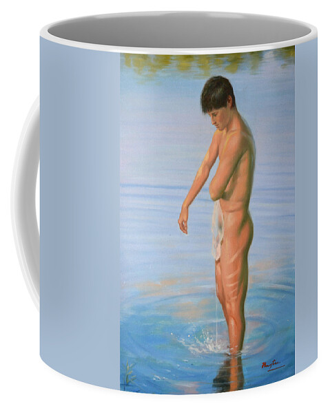 Original Coffee Mug featuring the painting Original Classic Oil Painting Man Body Male Nude #16-2-4-08 by Hongtao Huang