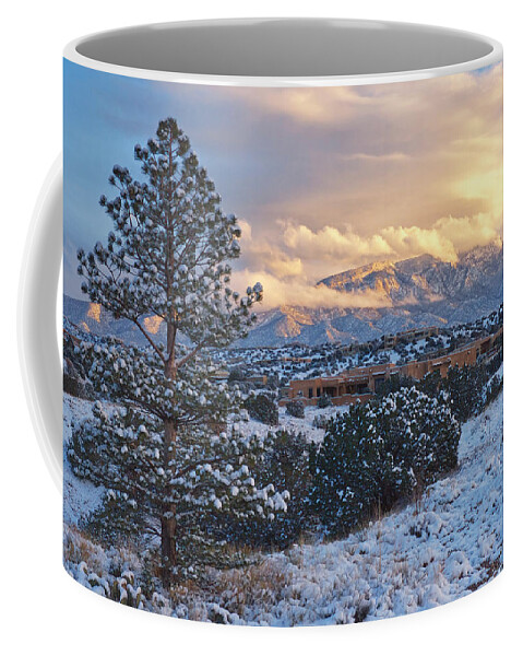 Landscapes Coffee Mug featuring the photograph Sandia Mountains with Snow at Sunset by Mary Lee Dereske