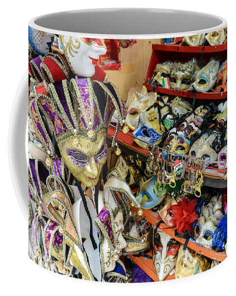 Art Coffee Mug featuring the photograph Vintage Venetian carnival masks for sale in Venice Italy by Brandon Bourdages