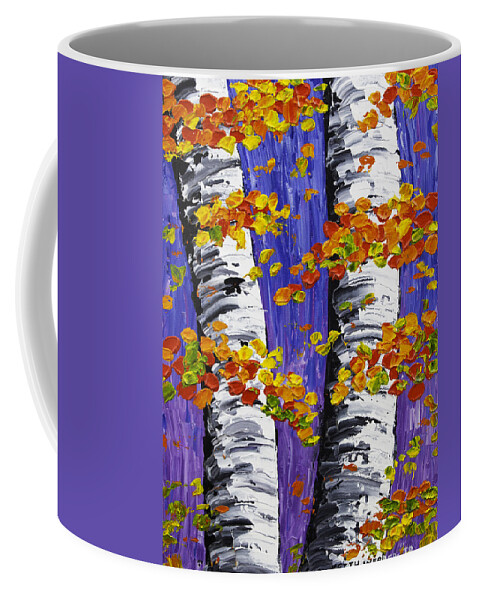 White Coffee Mug featuring the painting White Birch Trees In Fall on Purple Background Painting by Keith Webber Jr