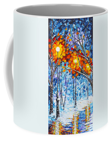 Winter Landscape Coffee Mug featuring the painting Silence Winter Night Light Reflections original palette knife painting by Georgeta Blanaru
