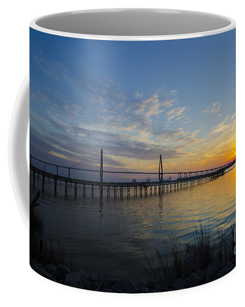 Arthur Ravenel Bridge At Sunset Coffee Mug featuring the photograph Sunset over the Charleston Waters by Dale Powell