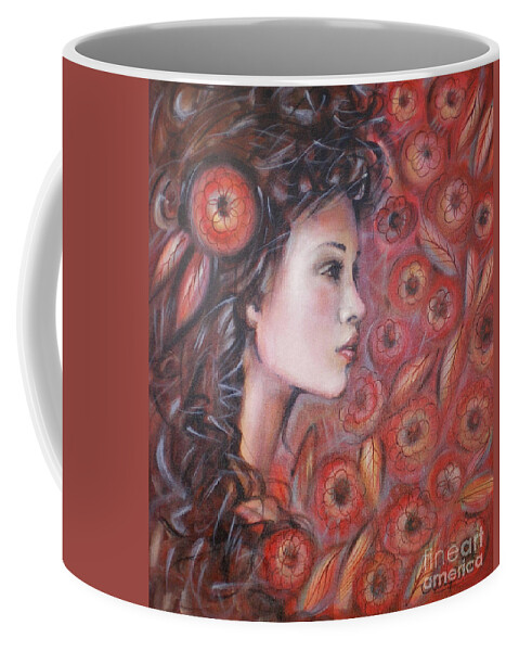 Woman Coffee Mug featuring the painting Asian Dream In Red Flowers 010809 #1 by Selena Boron