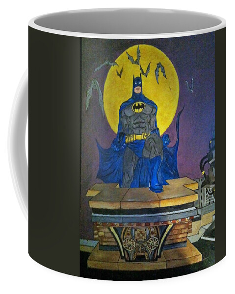 Moon Coffee Mug featuring the painting Batman on the Roof Top by Brenda Brown