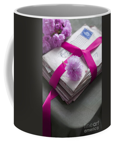 Letter Coffee Mug featuring the photograph Bundle Of Old Love Letters Tied With Ribbon And Blossom #1 by Lee Avison