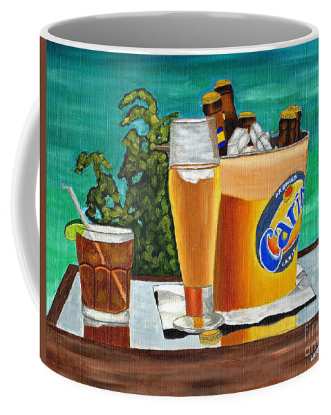 Caribbean Beer Coffee Mug featuring the painting Caribbean Beer by Laura Forde