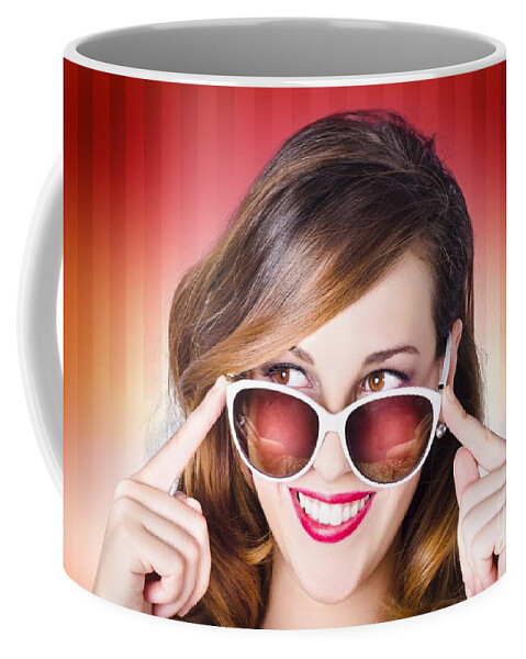 Face of a retro pinup girl in trendy sunglasses Coffee Mug by