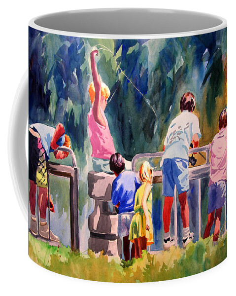 Art Coffee Mug featuring the painting Kids Fishing by Julianne Felton