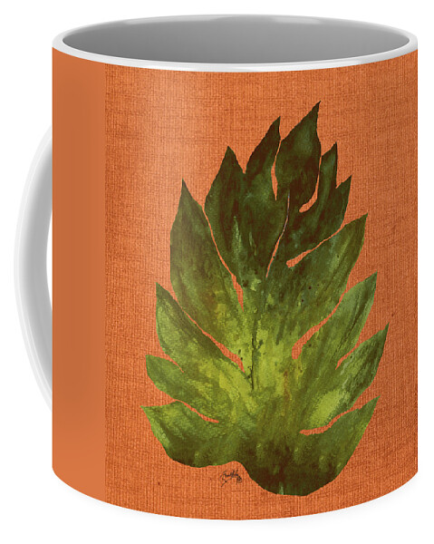 Leaf Coffee Mug featuring the digital art Leaf On Teal Burlap by Elizabeth Medley