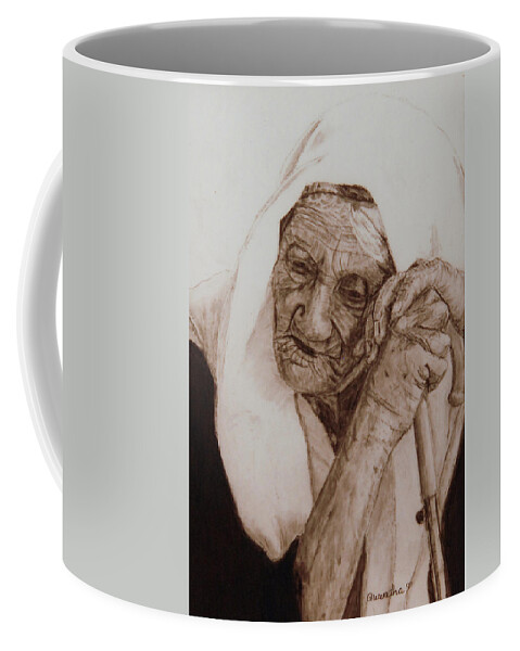 Old Woman Coffee Mug featuring the drawing Loneliness by Quwatha Valentine