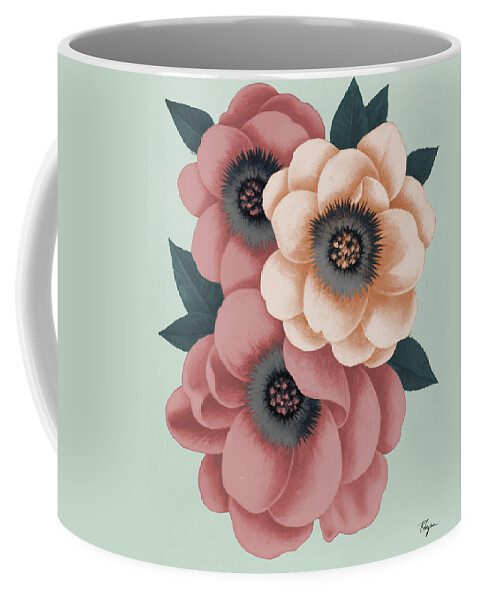 Pink Coffee Mug featuring the painting Pink Flowers On Mint I by Vivien Rhyan